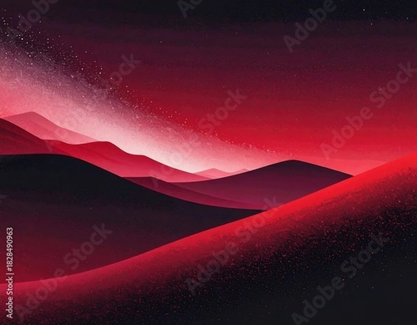 Fototapeta Surreal, abstract landscape in tones of red and black, depicting undulating hills and a starry sky