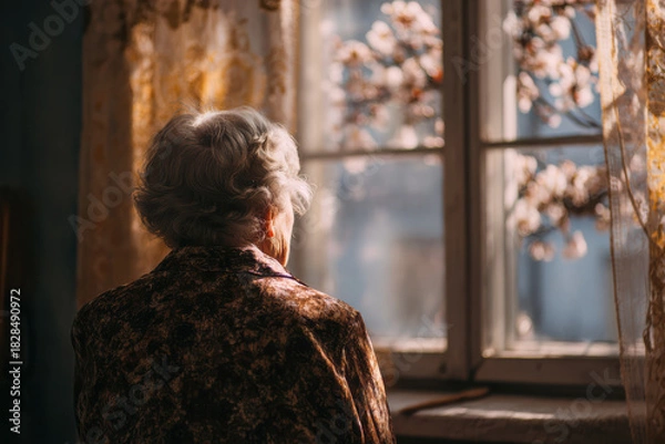 Obraz Elderly woman watching spring blossoms through window with thoughtful expression