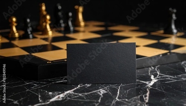 Obraz Black business card mockup on chess board Strategy with planning.