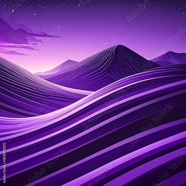 Fototapeta Surreal, abstract landscape of flowing, striped purple mountains under a starry night sky