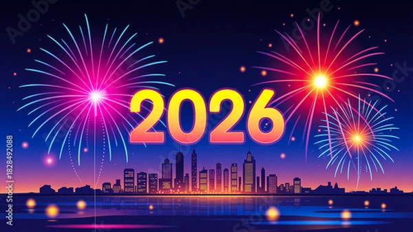 Fototapeta Digital illustration of 2026 fireworks over city skyline, glowing 3D text