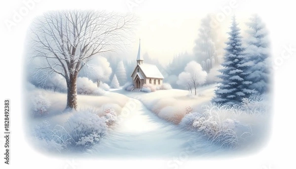 Obraz Winter wonderland landscape snow scene church trees peaceful serene tranquil white blue christmas holiday art