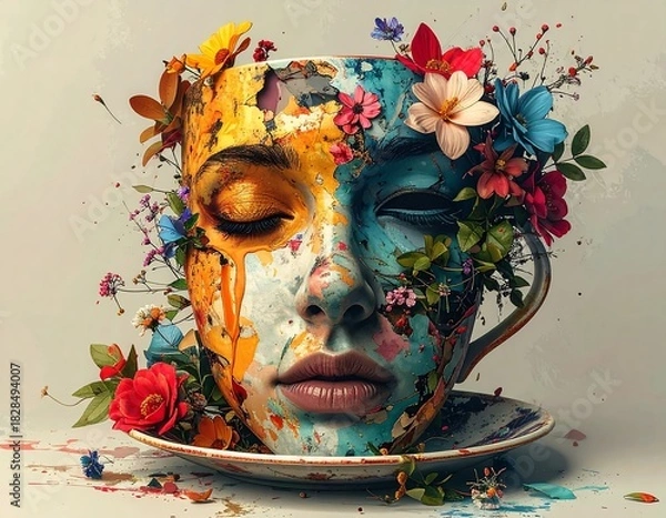 Fototapeta Surreal art depicting a face emerging from a teacup adorned with colorful flowers