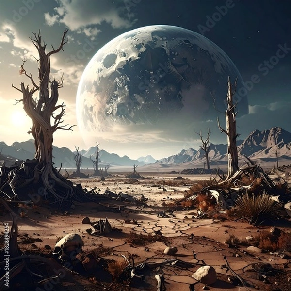 Fototapeta Surreal, alien landscape featuring dead trees, mountains, and a giant planet. Stark, ominous sky