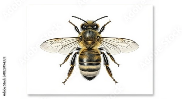 Fototapeta Detailed top-down view of a single honey bee with transparent wings and segmented body on a plain white background.