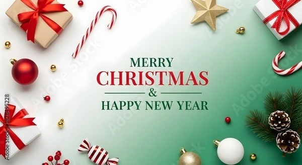 Fototapeta Christmas and New Year greeting card with festive holiday decorations and copy space