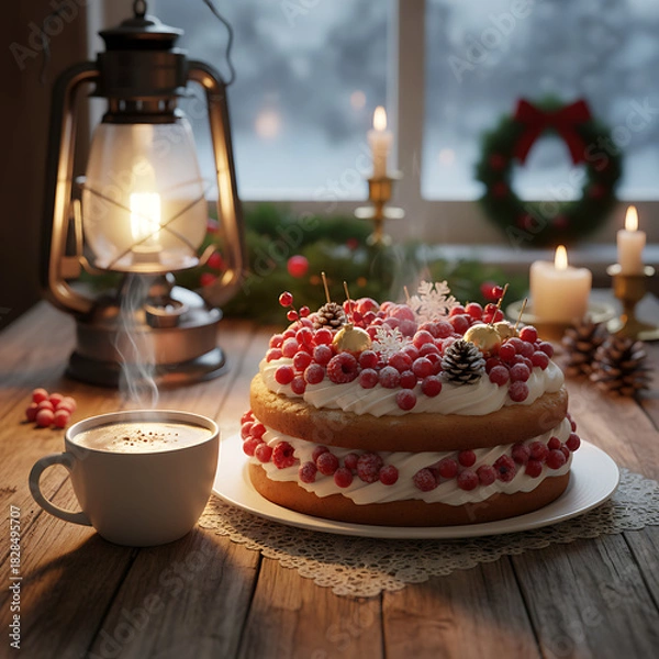 Obraz Cozy winter scene with a berry-decorated festive cake, a warm drink, and candlelight by a snowy window, evoking holiday cheer and seasonal joy