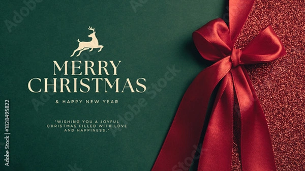 Fototapeta Elegant merry Christmas greeting with red ribbon and festive deer banner design