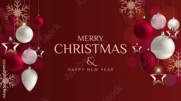 Fototapeta Elegant merry Christmas and happy new year greeting card with ornaments and snowflakes