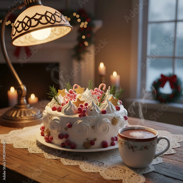 Obraz Festive cake and hot drink on a cozy table setting with Christmas decorations creating a warm holiday atmosphere