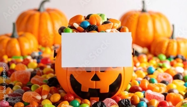 Obraz Halloween candy bucket with pumpkins, sweets, blank card, and festive background.