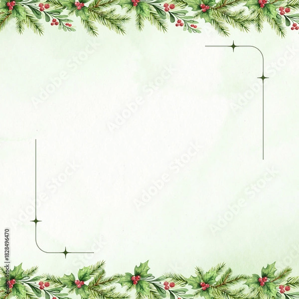 Fototapeta Christmas evergreen border with red berries and white space for text