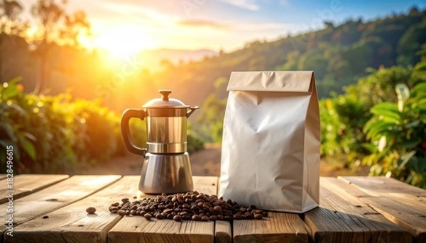 Obraz Coffee beans with maker  bag on wooden table, and mountain view.