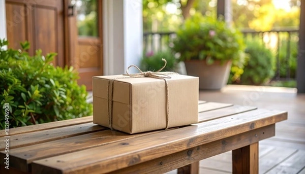 Obraz Package Delivery on Porch with Home, Parcel, Shipping, and Brown Box.
