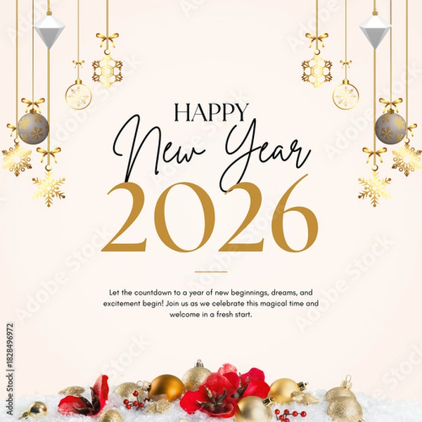 Fototapeta Happy new year 2026 greeting with festive decorations and lights