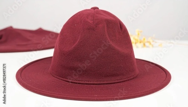 Obraz Burgundy Fedora Hat Stylish on White Background with Apparel.