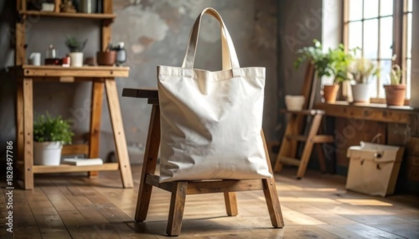 Obraz EcoFriendly Canvas Tote Bag on Wooden Chair in Studio.