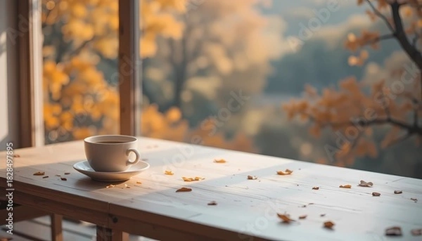 Fototapeta Autumn leaves on the table with serene autumnal Bokeh backdrop. Side view