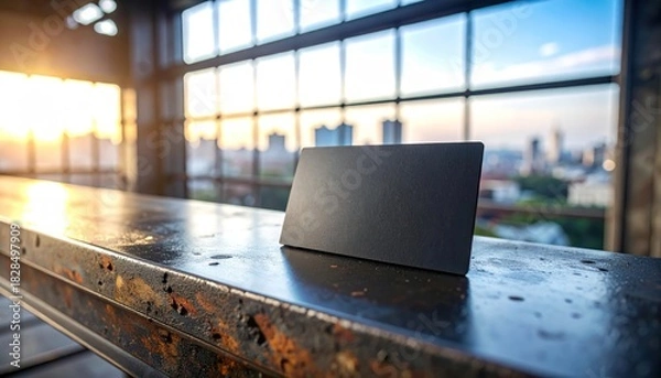 Obraz Blank black card on rusty table with cityscape background.