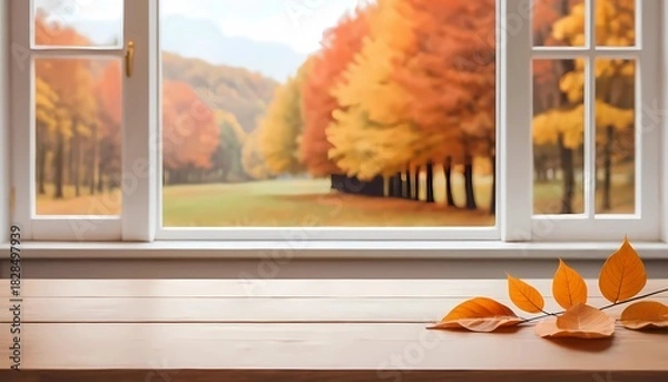 Fototapeta Autumn leaves on the table with serene autumnal Bokeh backdrop.