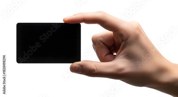 Fototapeta Hand holding small black square against a dark background in studio