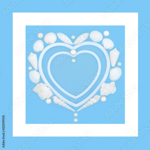 Obraz Heart shaped seashell pearl wreath on blue, white frame border. Romantic natural symbol of love,  Valentines, anniversary or birthday greeting card.