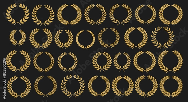 Fototapeta A collection of various gold laurel wreaths in different styles, symbolizing victory, achievement, and awards, set against a dark background.