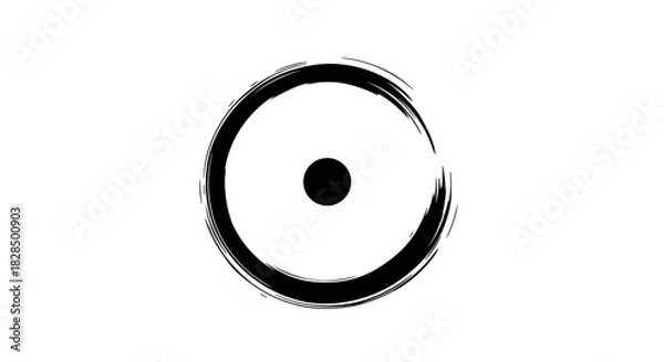 Fototapeta A black enso circle with a central dot, rendered with a rough brushstroke texture, symbolizing wholeness and the universe on a clean white background.