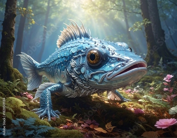 Fototapeta Surreal creature with fish-like features, reptilian body, nestled in sunlit forest