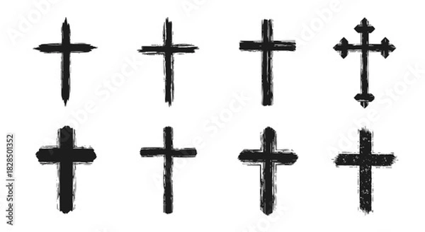 Fototapeta A set of eight distinct black brushstroke crosses, featuring various shapes and textures on a white background, symbolizing faith.