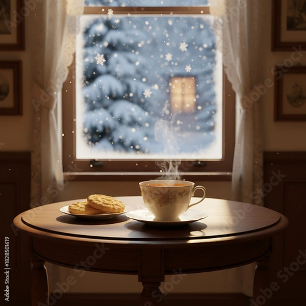 Obraz Cozy Winter Scene A Cup of Tea with Cookies, Snowfall Outside the Window
