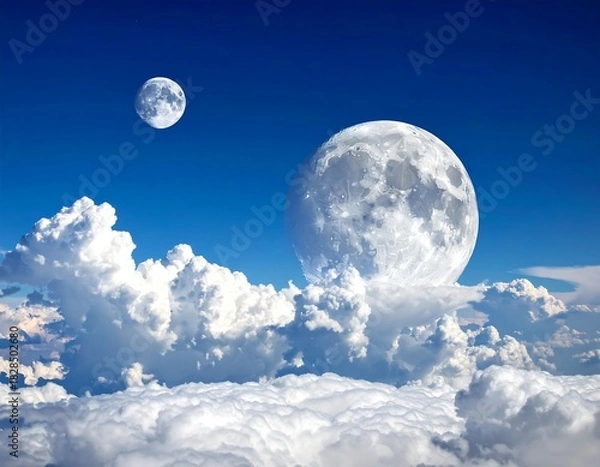 Fototapeta Surreal depiction of celestial bodies floating amidst a sea of fluffy white clouds against vibrant blue sky
