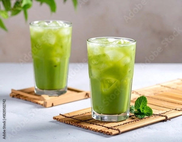 Obraz Two tall glasses with a vivid green drink and ice cubes