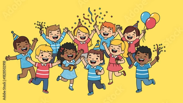 Fototapeta Joyful group of diverse children celebrating a party with confetti, balloons, and hats. Happy kids having fun.