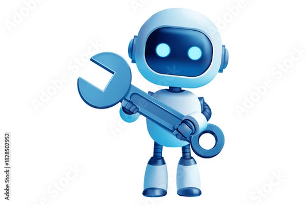 Obraz Cute 3D robot character holding a large blue wrench, ready for repair and maintenance work, friendly and helpful cartoon illustration isolated on transparent background, png