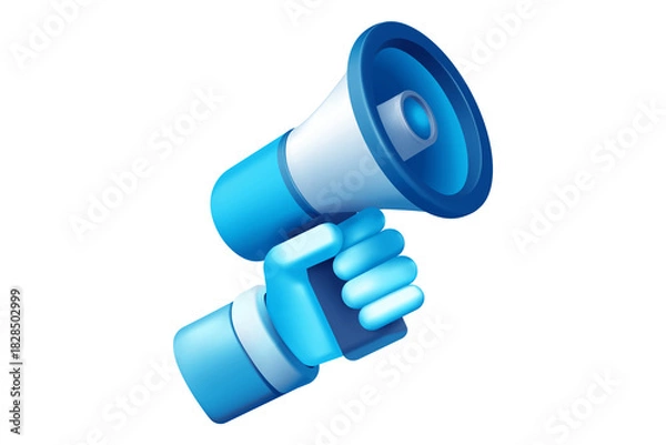 Obraz Blue 3D megaphone in hand making a loud marketing announcement, attention-grabbing modern digital cartoon illustration, isolated on transparent background, png.