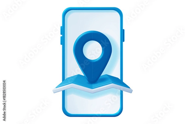Fototapeta 3D Blue Smartphone Map Pin Location Icon for navigation app interface, modern digital illustration, isolated on white background, png.