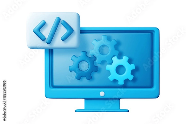 Obraz Blue 3D computer monitor with gears and code icon for web development, modern technical illustration, isolated on transparent background, png.