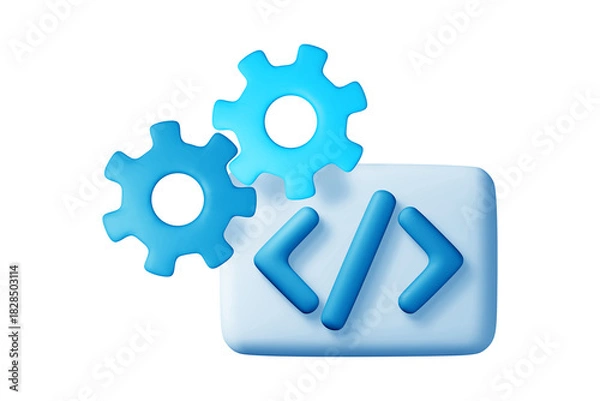 Obraz Blue 3D code brackets and interlocking gears icon representing software development and technical engineering processes, modern clean digital cartoon illustration, isolated on transparent background