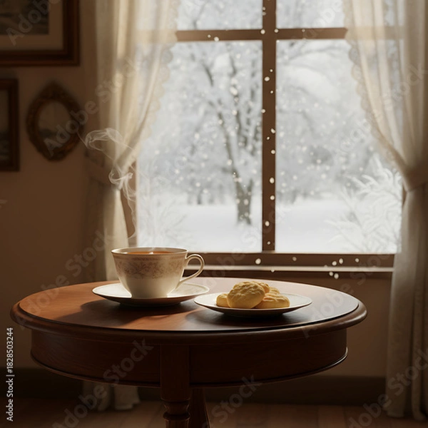 Obraz Cozy winter morning with a warm cup of tea and biscuits by the window, watching the snow fall