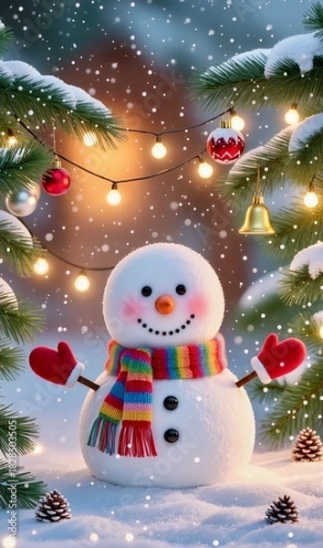 Fototapeta Cute snowman with a colorful scarf and carrot nose in a festive winter sceane. 