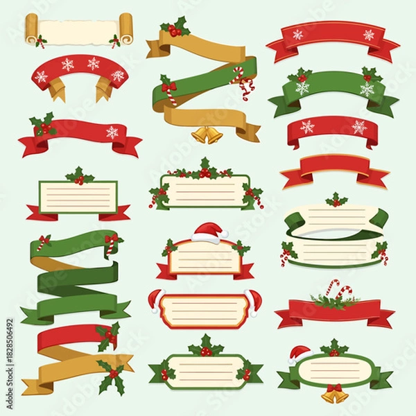 Fototapeta A festive collection of Christmas banners, ribbons, and labels decorated with holly, snowflakes, and bells for holiday design projects