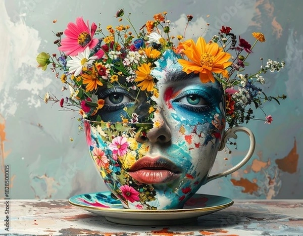 Fototapeta Surreal digital art of a floral face emerging from a teacup, whimsical and colorful