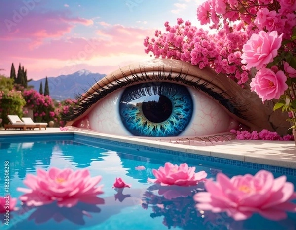 Fototapeta Surreal digital art of a giant eye peering over a pool with floating flowers and floral landscape