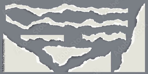Obraz Torn paper with jagged edges on gray background. Pieces of ripped sheets. Notebook fragments for scrapbooking and collage. Retro template with rough details. Realistic paper pieces for design.