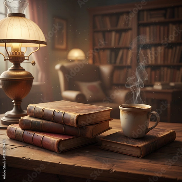 Obraz A stack of old, leather-bound books and a steaming cup of coffee on a wooden table in a cozy, warmly lit home library