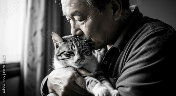 Obraz Elderly Asian man lovingly holding his cat in a serene indoor setting
