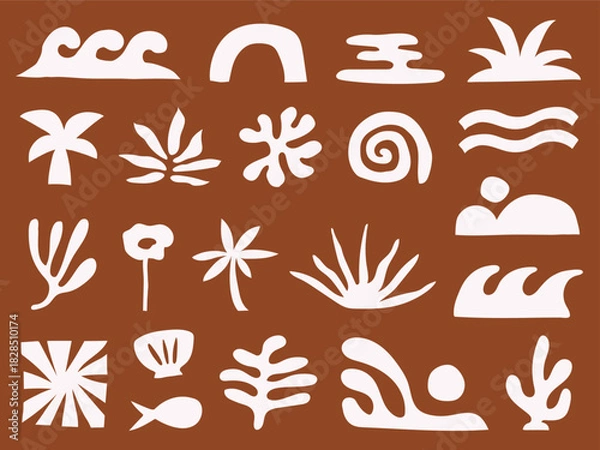 Obraz Abstract nature doodle elements including sun waves and organic plants white on terracotta background for summer design
