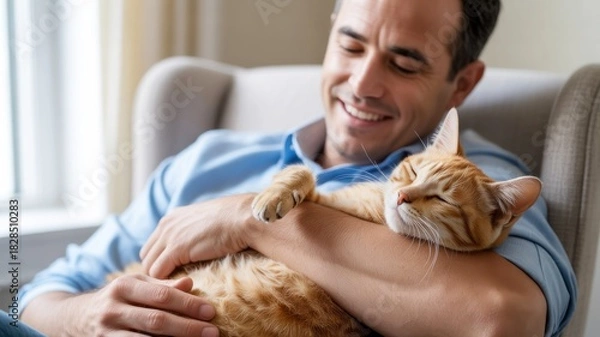Fototapeta A smiling Caucasian man in a blue shirt holds a relaxed orange tabby cat in his arms. They are seated in a cozy living room with natural light.