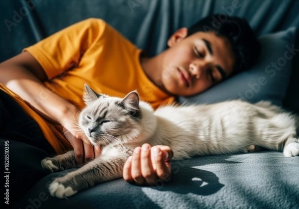 Fototapeta A young Hispanic boy with dark hair sleeps on a couch, holding a fluffy gray and white cat. The scene is cozy and peaceful, showcasing companionship.